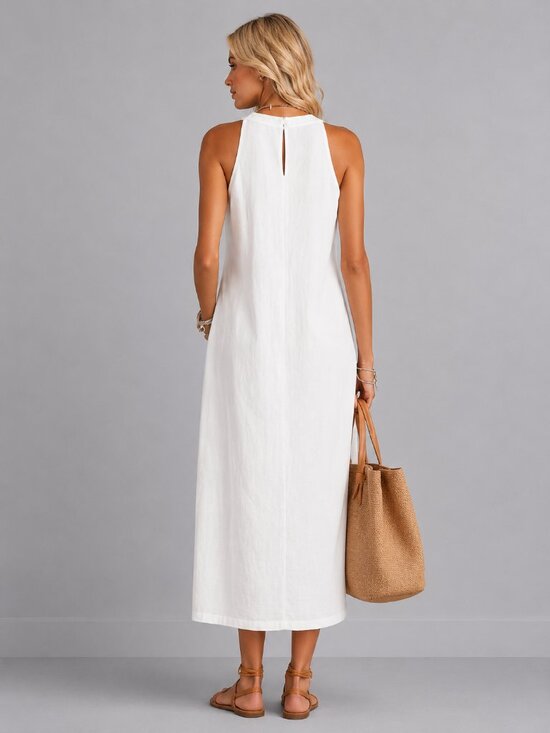 Dresses & Skirts - Women’s White Linen Lace Halter Midi Dress Sleeveless Slit Vacation Dress